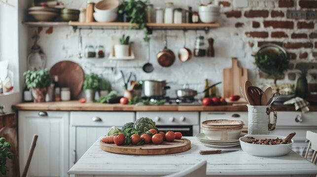Create an image of a white table in a rustic kitchen, adorned with fresh produce and cooking ingredients, emphasizing homeliness and warmth.