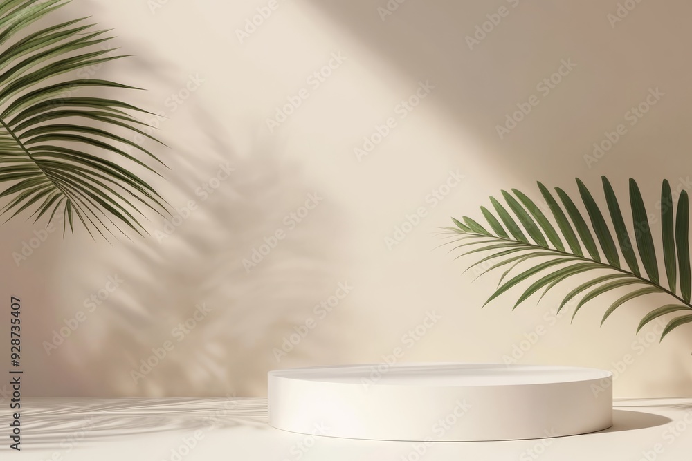 Aufkleber the soft beige background with a chic round podium and shadowed palm leaves creates a warm setting t
