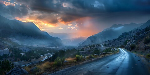 Serpentine road through rugged mountains with a dramatic sky at dawn