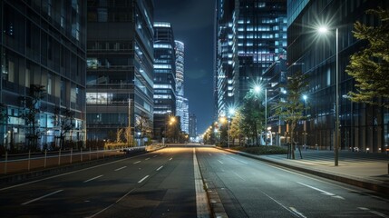 Fototapeta premium Create an image of an urban road at night, lit by streetlights and lined with modern buildings, showcasing the quiet side of the city.