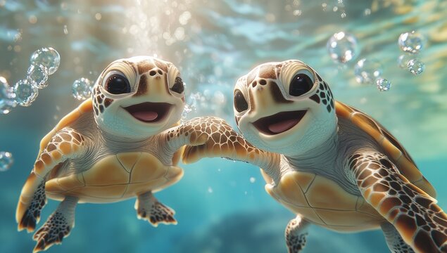 Two happy baby turtles smiling and holding hands in the ocean