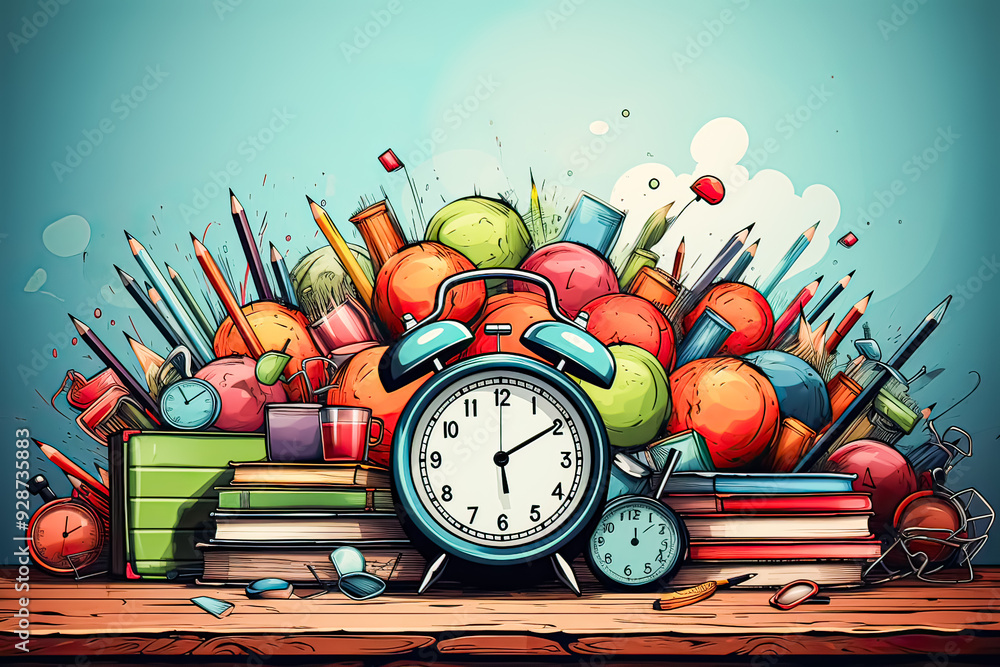 Poster a colorful clock sits on a table with a pile of school supplies. the clock is set to the time of 10: