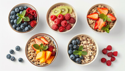 Bowls of oatmeal with berries and fruits on whiite background