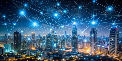 Naklejka premium Cityscape Networked With Glowing Lines, Night, Urban, Technology, Connectivity, Future