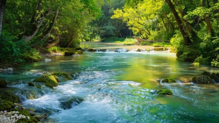 Crystal-clear streams meander through lush green forests, glistening in the sunlight.