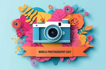Obraz premium World Photography Day with World Map Background, photographer taking photo. World Photography Day social media banner and instagram banner post design