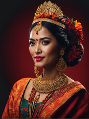 Woman in traditional Indian attire with intricate jewelry and floral headpiece.