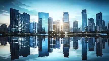 Fototapeta premium Futuristic City Skyline, Skyscrapers, Water Reflection, Business Center, Blue Theme, Stock Photo, Minimalist Style, High-Resolution