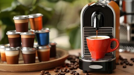 Explains the convenience of a pod coffee maker for busy mornings. Write about its compact size.
