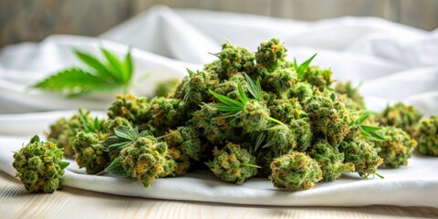 Close-up of Cannabis Buds on a White Fabric, Marijuana, Cannabis, Weed, THC