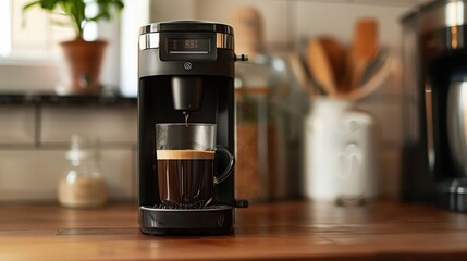 Explains the convenience of a pod coffee maker for busy mornings. Write about its compact size.