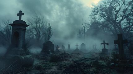  A graveyard on Halloween with ghostly apparitions and eerie mist rising from the ground 