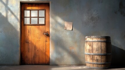 A rustic wooden door beside a vintage barrel, set against a textured wall. Perfect for themes of nostalgia and home decor.