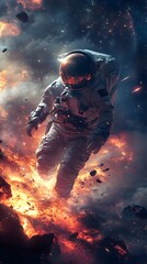 An astronaut in space with a moon backdrop, surrounded by elements of war and fantasy like soldiers, guns, and smoke, while a night scene creates a sense of danger and safety