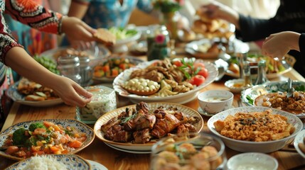 Fototapeta premium Describe the joy of breaking fast (Iftar) during Ramadan Kareem. Write about communal meals shared with loved ones, the array of traditional dishes