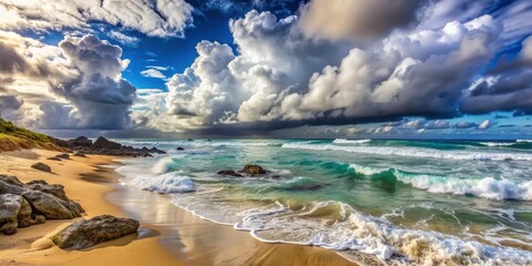 Coastal Serenity Sandy Beach with Dramatic Clouds, High-Resolution Digital Painting, Turquoise Waves, Sandy Beach, Rocky Outcrop, Dramatic Clouds, Horizon