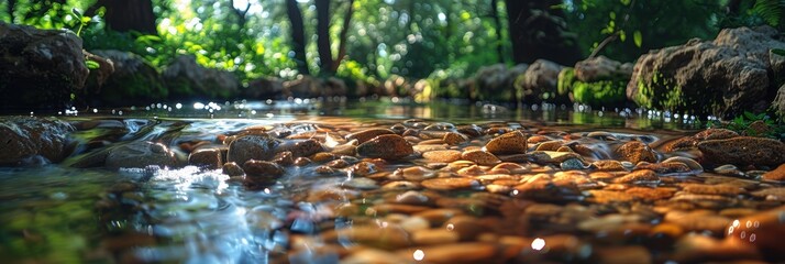A tranquil forest stream with clear water running over smooth pebbles and rocks, surrounded by lush green trees and vibrant foliage in a serene natural setting
