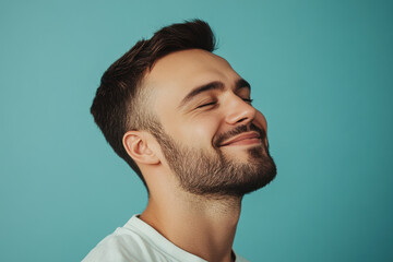 Obraz premium A close up of a man's face with his eyes closed