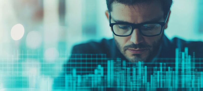 Focused professional analyzing data trends with digital charts. Ideal for finance, technology, and analytics projects.