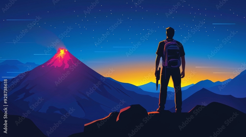 Poster wandering man walking to magic portal between tree trunks at night. an adventure game background fea