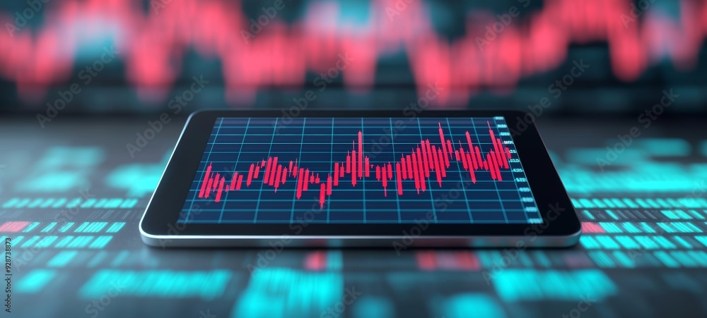 Poster modern tablet displaying a financial graph with fluctuating data, symbolizing analytics and market t