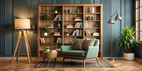 Modern retro home decor with stylish living room featuring armchair and wooden bookcase, retro, modern