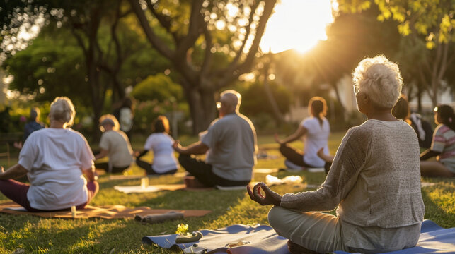 Multiracial senior people doing yoga meditation at city park - Focus at african woman