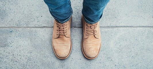 Stylish leather shoes paired with jeans, showcasing a modern casual look on a concrete surface.
