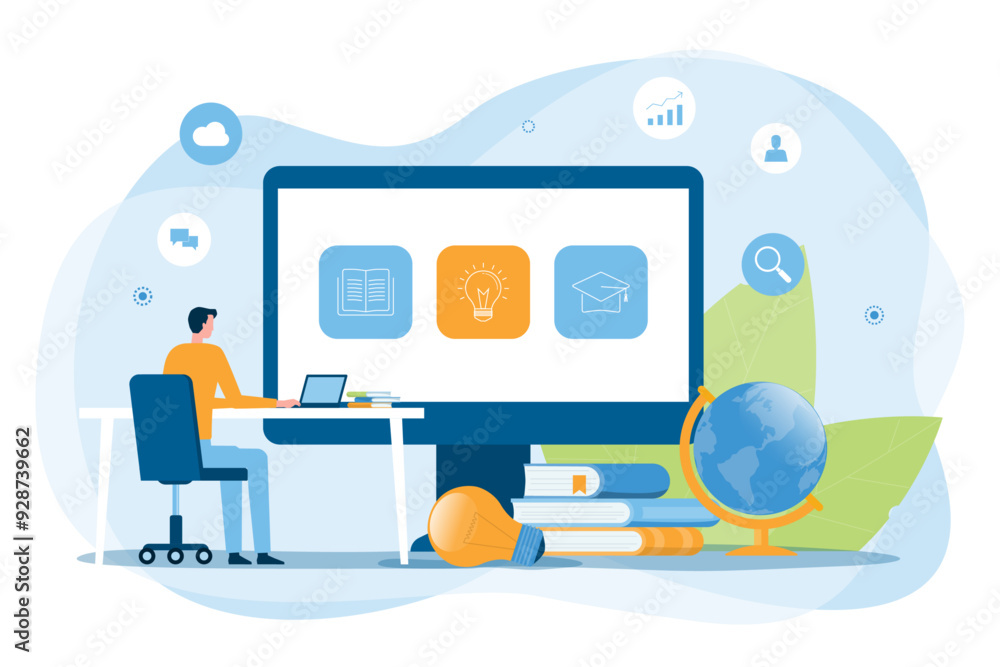 Aufkleber business technology online education with students using computers connected to e-learning and resea