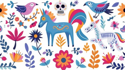 A colorful and vibrant floral design with a unicorn and a skeleton
