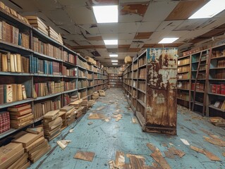 Dilapidated library with worn-out ceiling panels and scattered books evokes a sense of neglect and decay, highlighting the fragility of preserving literary heritage