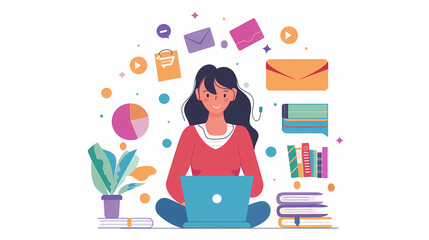 female teenager working with laptop, shopping online, making call. Importance of digital literacy for elderly people vector image