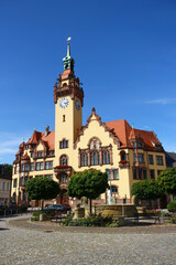 Naklejka premium Town hall of Waldheim, a small town in Saxony that lies in a valley of the deeply cut Zschopau river below the Kriebstein dam.