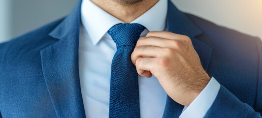 A businessman adjusting his tie, dressed in a sharp blue suit, exuding professionalism and confidence in a business environment.