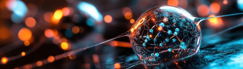 Close-up of a Molecular Structure Encased in a Transparent Bubble with Vibrant Bokeh Background
