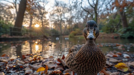 Fototapeta premium A beautiful autumn sunset scene featuring a curious duck by the edge of a tranquil pond surrounded by fallen leaves in a serene park