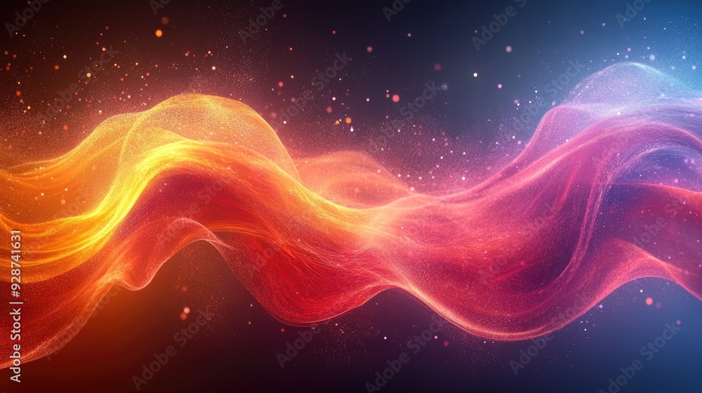 Wall mural abstract wave of glowing red and yellow particles with sparkles