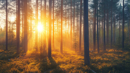 Obraz premium Beautiful Sunset Sunrise Sun Sunshine In Sunny Spring Coniferous Forest. Sunlight Sunbeams Through Woods In Forest Landscape.