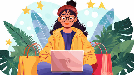 Fototapeta premium female teenager working with laptop, shopping online, making call. Importance of digital literacy for elderly people vector image