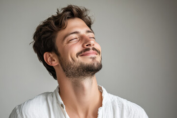 Obraz premium A close up of a man's face with his eyes closed