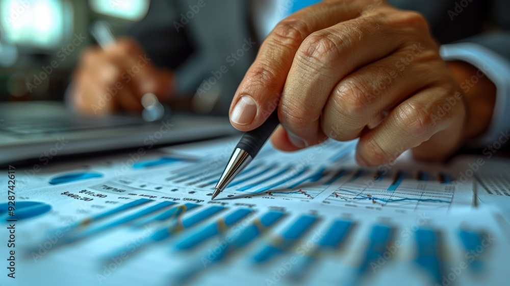 Poster business professional analyzing graphs and charts with a pen in a modern office setting during dayti