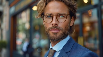 Obraz premium Handsome man in stylish suit and glasses stands confidently outside a city cafe during daylight