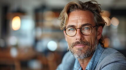 Obraz premium A man in a casual blazer with glasses poses confidently in a cozy cafe setting during the day