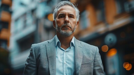 Obraz premium Businessman standing confidently on a city street in the evening, with blurred urban background and warm lighting