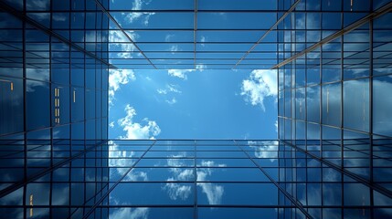 Obraz premium Looking up at a clear blue sky framed by tall glass buildings in an urban setting during daytime