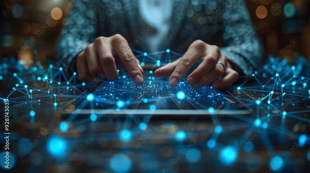 Poster person typing on a digital keyboard surrounded by glowing network connectivity lines in a dark envir