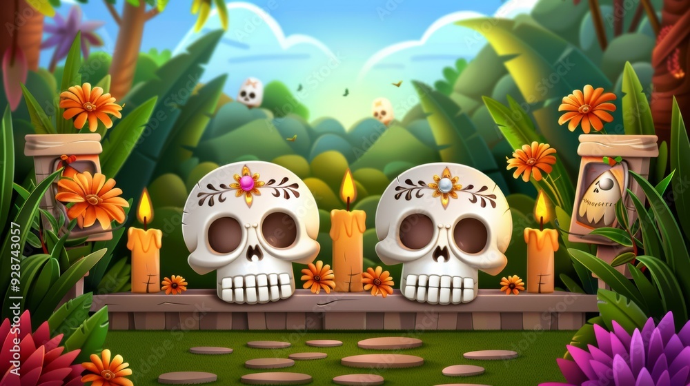 Poster A colorful scene with two skulls and candles on a path