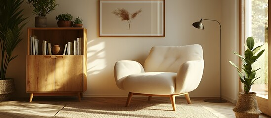 A modern living room with a white armchair, a wooden cabinet, a potted plant, and a framed picture.
