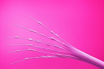 3D Render of Fiber Optic Wires on Pink Background Abstract Technology Design.