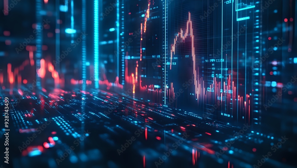 Poster digital data and financial charts displayed on a futuristic screen with blue and red lighting